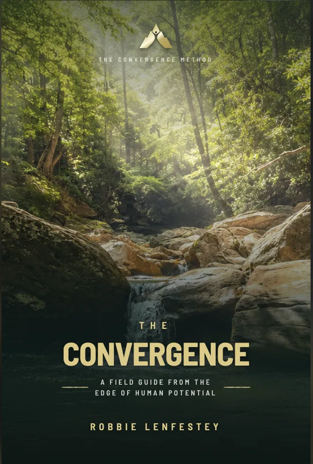 The Convergence book cover: a waterfall pouring through Appalachian forest. A Field Guide from the Edge of Human Potential, by Robbie Lenfestey.
